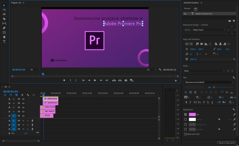 Edytowanie napisów w Adobe Premiere Pro.