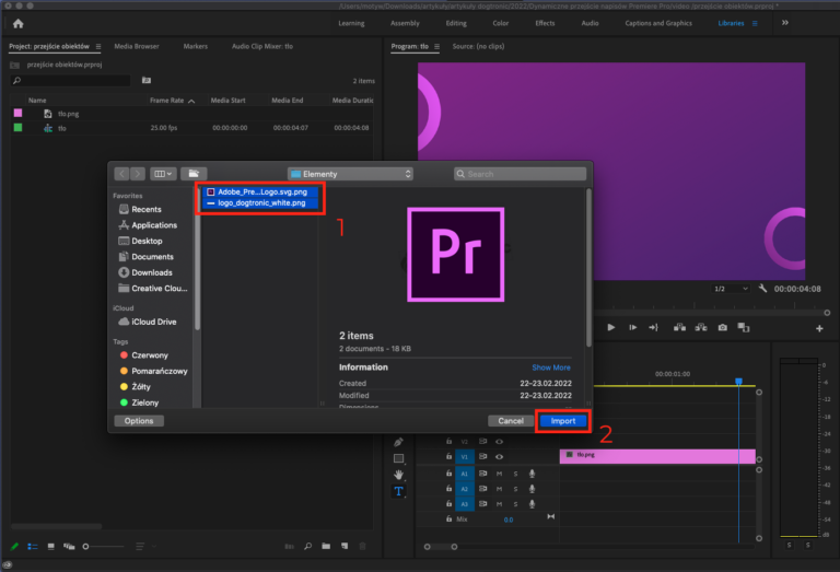 Importing files into a project in Adobe Premiere Pro